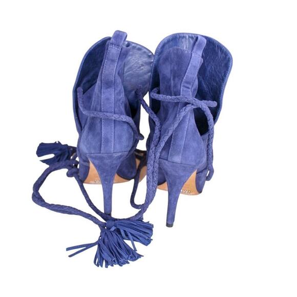 Schutz Fadhila Blue Suede High Heel Ankle Boots Pointed Toe Tassel Tie - Picture 3 of 5